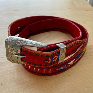 Vintage Red Leather Tribal Print Belt